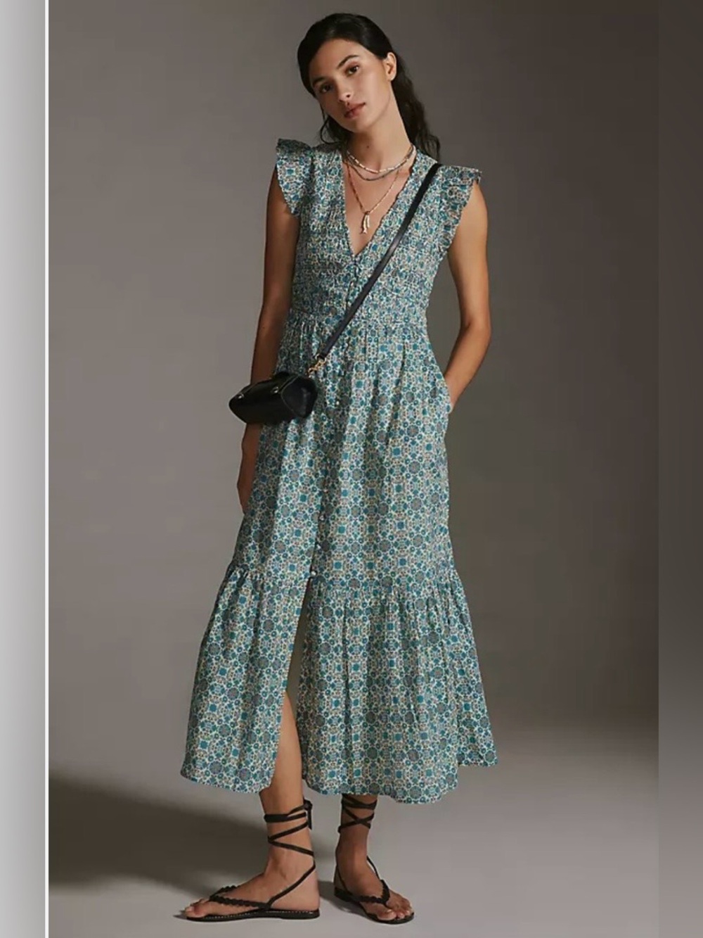 Anthropologie Peregrine Maxi Dress/ Teal Floral V-N / fully lined/ Med